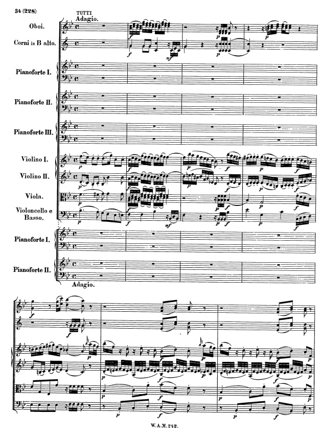 Opening bars of the Adagio, showing the 3-piano and 2-piano versions on one page,