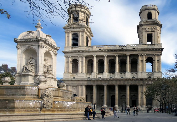 Eglise St Sulpice, Paris, front, and fountain,